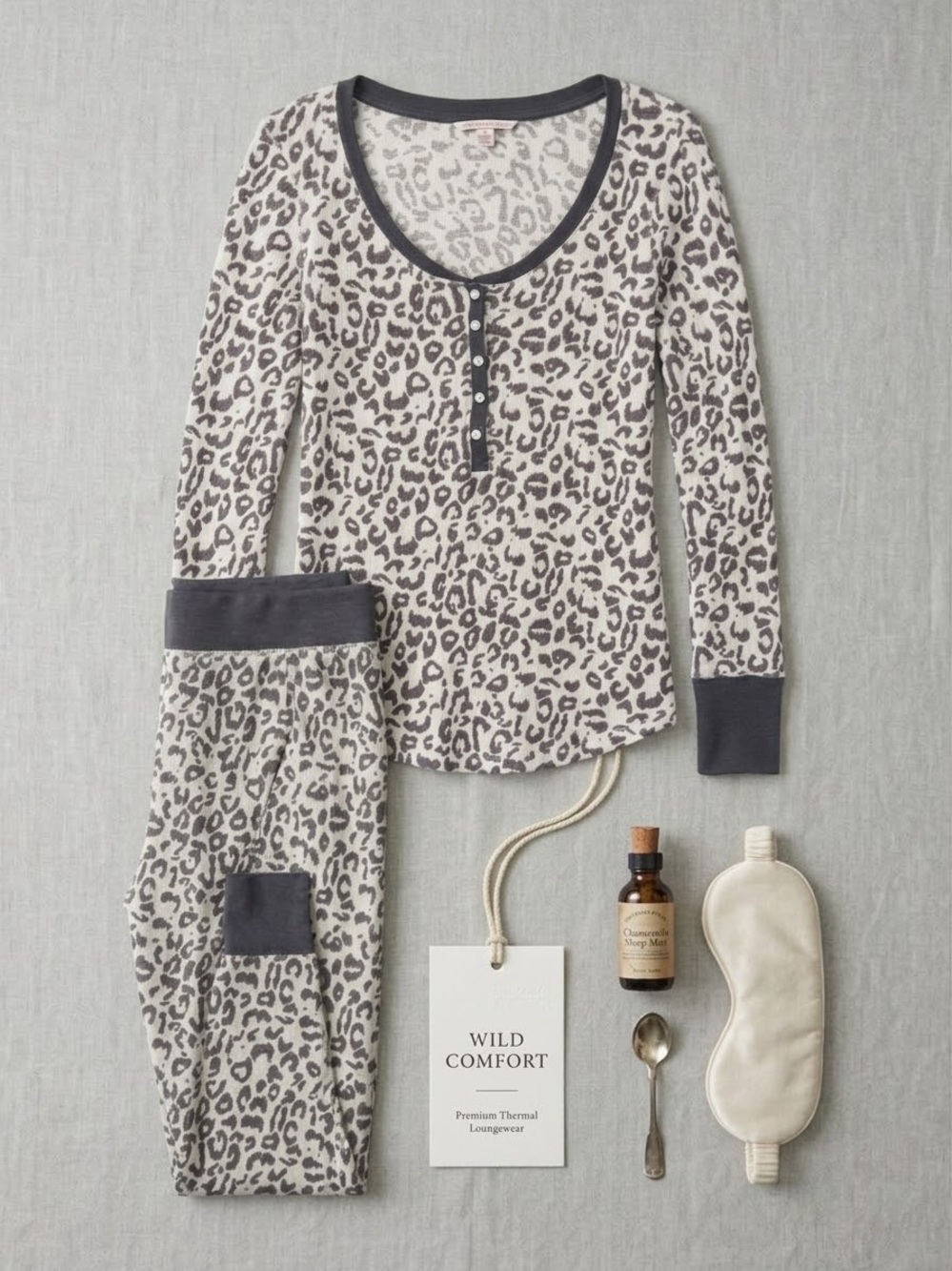 Victoria's Secret Cream & Black Leopard Soft Thermal Henley Pajama Set